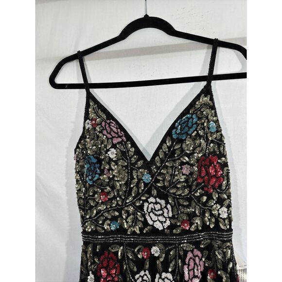 NWT $698 Mac Duggal [ 8 ] V Neck‎ Embellished Floral Sequined Gown Black #G1635 - Picture 11 of 15